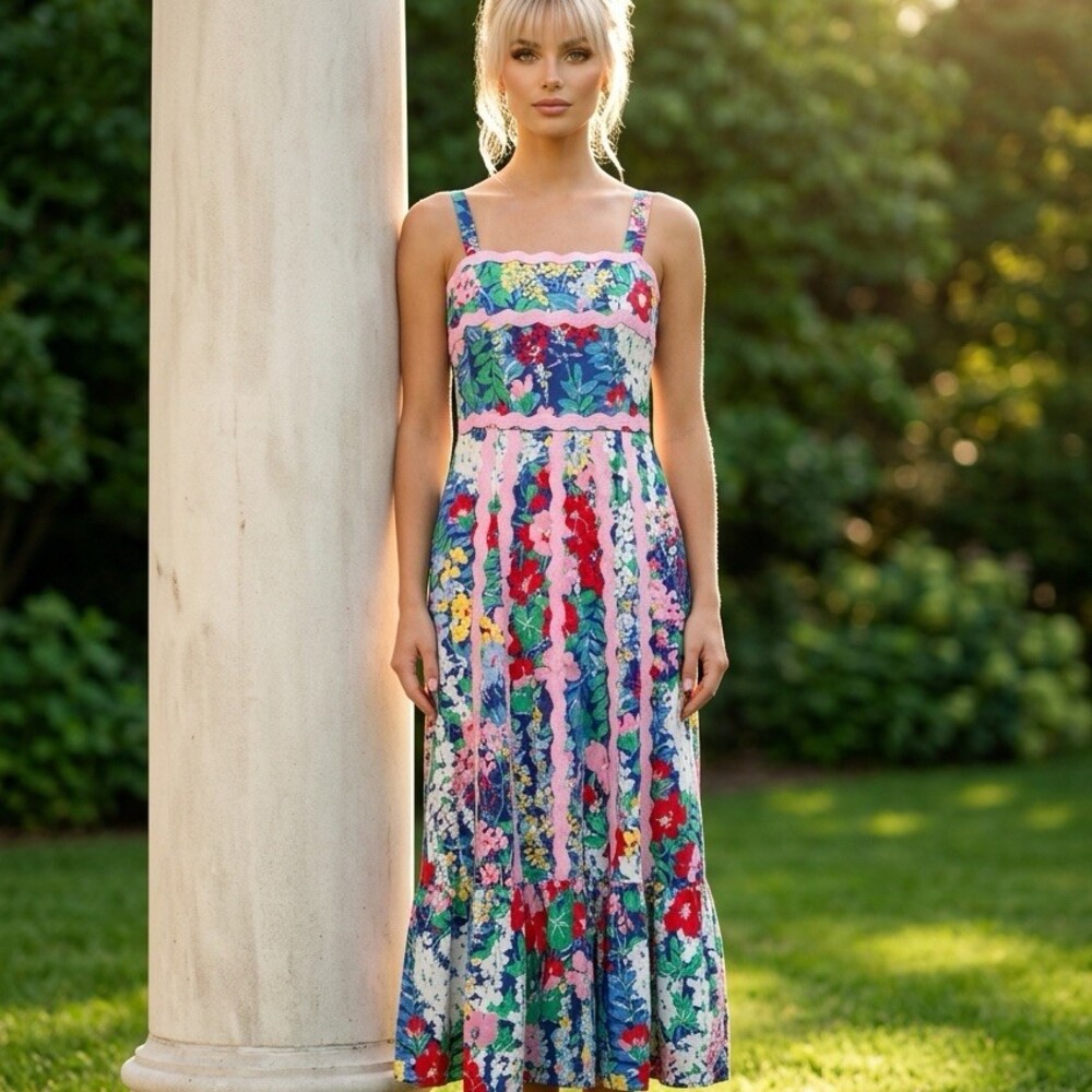 Just Me Midi Dress Womens Small Multicolor Floral Patchwork Smocked NWT